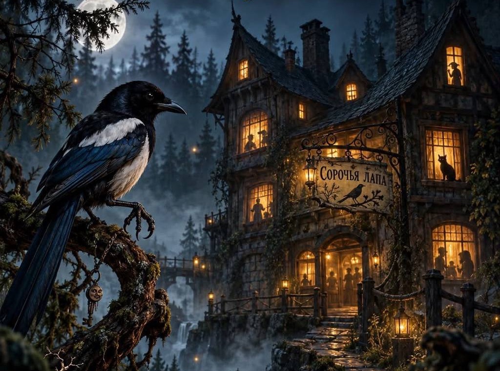 Night, a forest, a full moon. A magpie sits on a branch; behind it, an old guest house with lit windows and a sign that reads «Сорочья лапа».